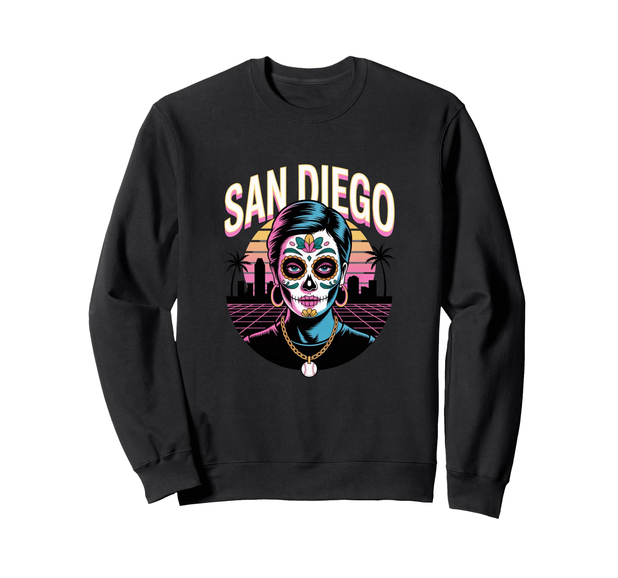 San Diego Sugar Skull Synthwave Sweatshirt - Streetwear Style for Adults - T-Shirt, Sweatshirt, Hoodie