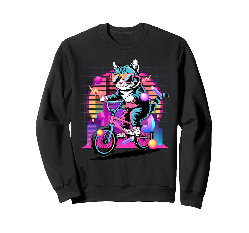 Cat Riding Bmx Bike 80S Synthwave Sweatshirt - Trendy Graphic Unisex - T-Shirt, Sweatshirt, Hoodie