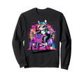 Cat Riding Bmx Bike 80S Synthwave Sweatshirt - Trendy Graphic Unisex - T-Shirt, Sweatshirt, Hoodie