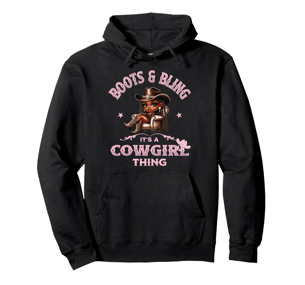 Boots And Bling Black Cowgirl Hoodie - Casual Everyday Wear Men Women - T-Shirt, Sweatshirt, Hoodie