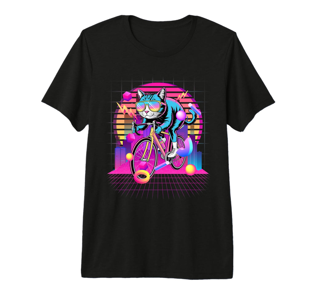 Synthwave Cat Cyclist 80S T-Shirt - Casual Everyday Wear for Adults - T-Shirt, Sweatshirt, Hoodie