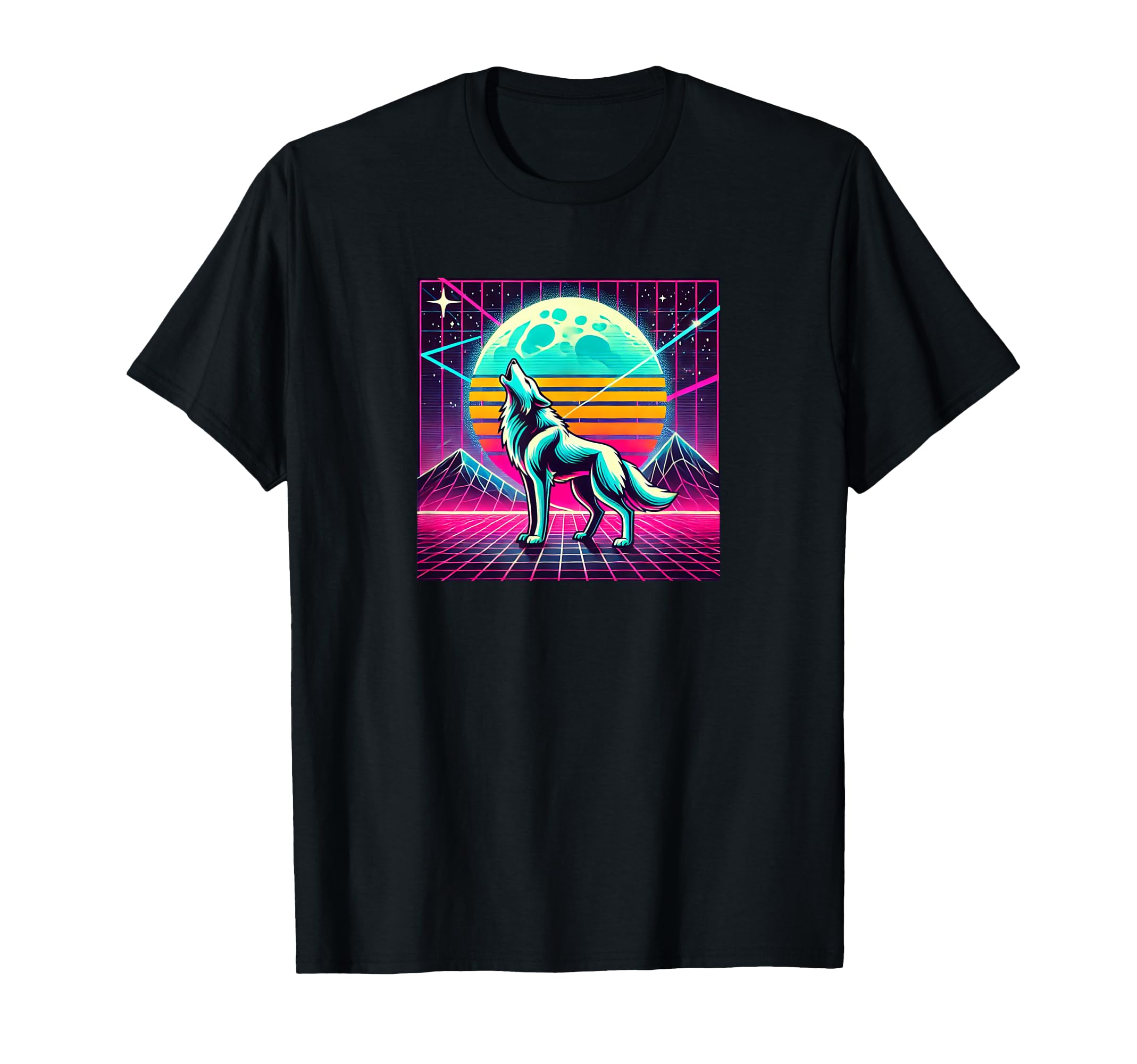 Colorful Synthwave 80S Wolf Howling Moon T-Shirt - Graphic Print Men Women - T-Shirt, Sweatshirt, Hoodie