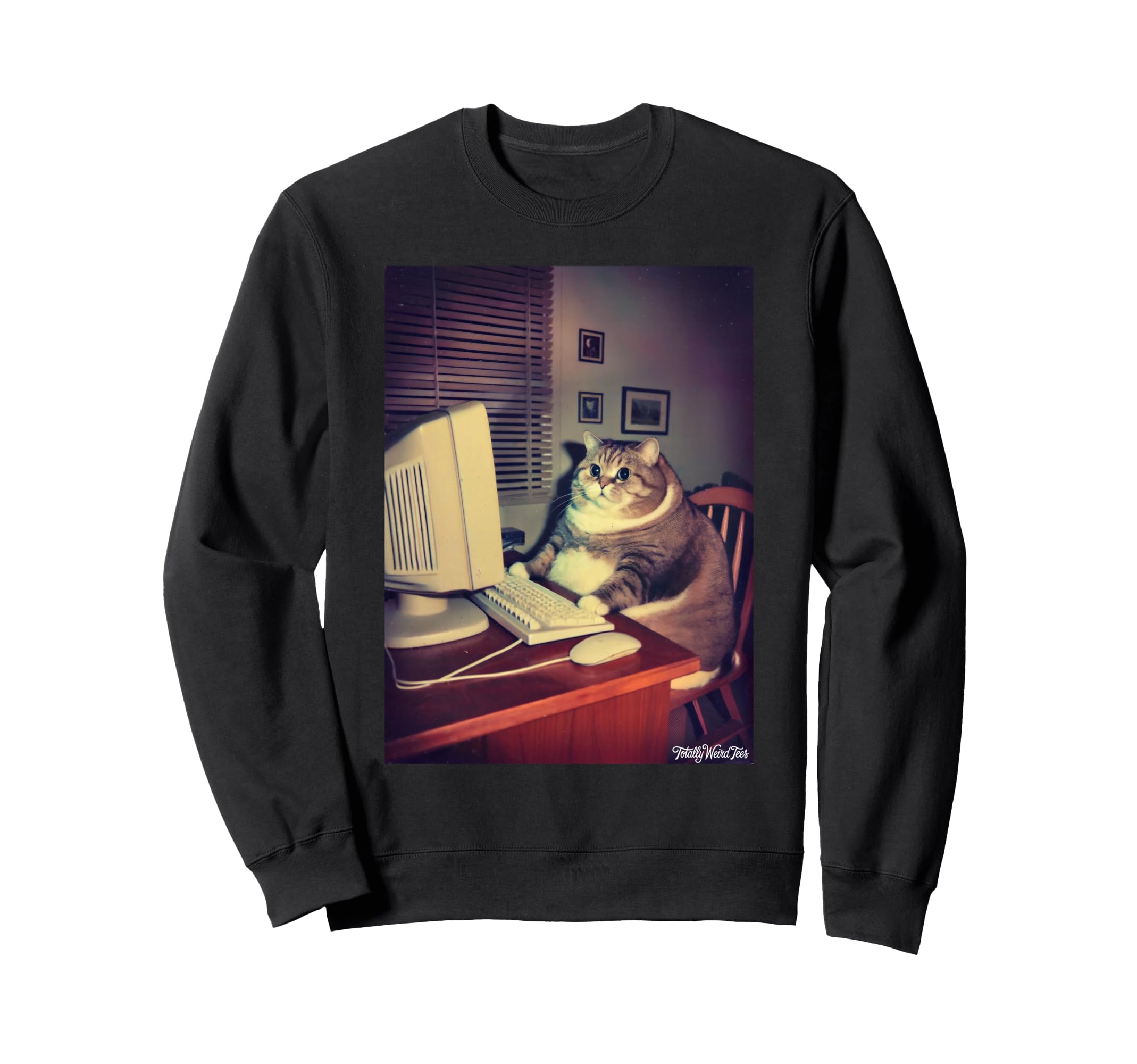 Cat Computer Funny Nostalgic Art Sweatshirt - Novelty Apparel for Adults - T-Shirt, Sweatshirt, Hoodie