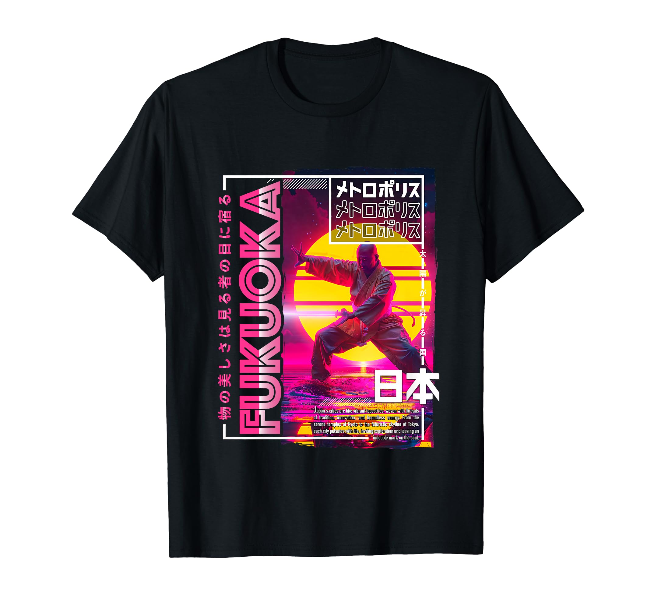 Fukuoka City 80S Synthwave Shaolin T-Shirt - Fun Novelty Design Men Women - T-Shirt, Sweatshirt, Hoodie