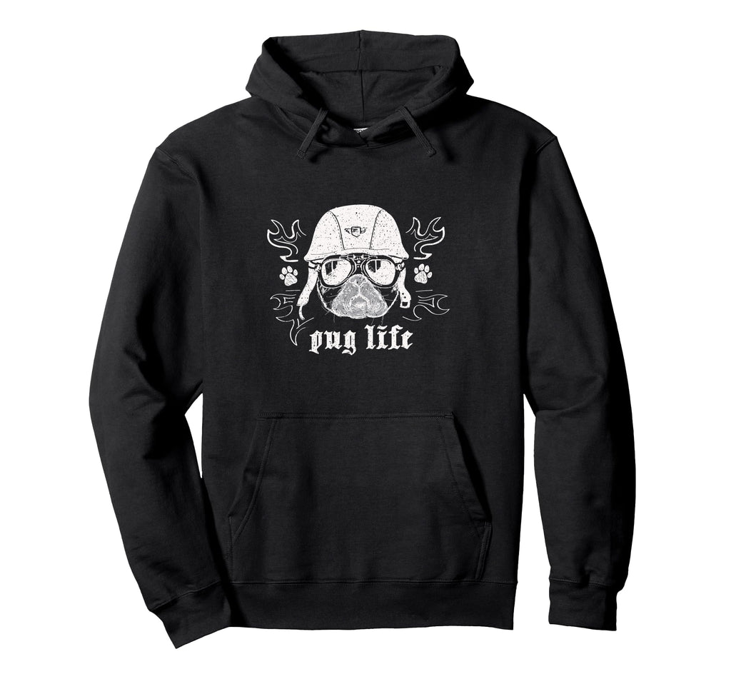 Funny Biker Motorcycle Pug Dog Grunge Hoodie - Unique Graphic Men Women - T-Shirt, Sweatshirt, Hoodie
