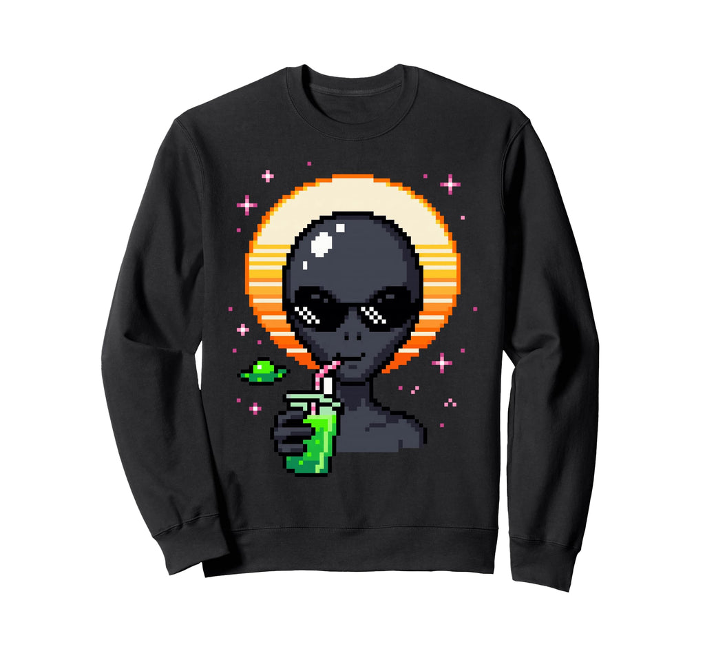 Alien Pixel Art Space Drink Sweatshirt - Streetwear Style Men Women - T-Shirt, Sweatshirt, Hoodie