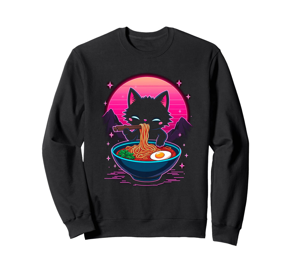 Synthwave Cat Ramen Anime Noodle Sweatshirt - Novelty Apparel Unisex - T-Shirt, Sweatshirt, Hoodie