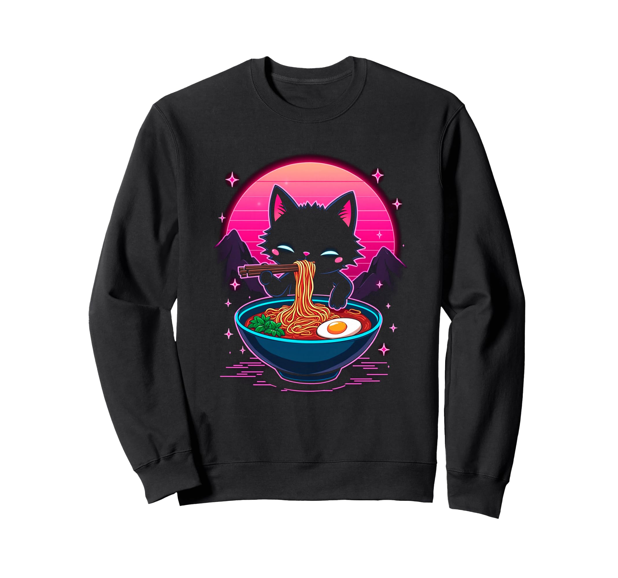 Synthwave Cat Ramen Anime Noodle Sweatshirt - Novelty Apparel Unisex - T-Shirt, Sweatshirt, Hoodie