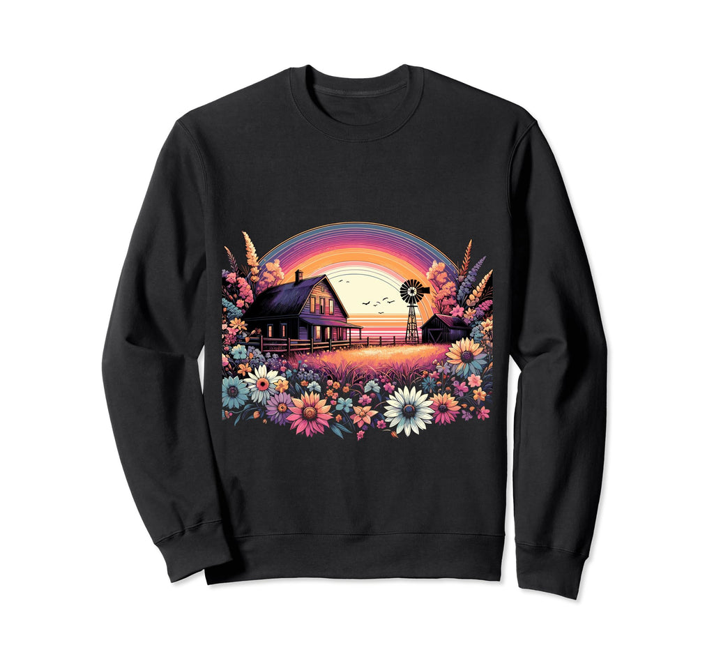 Farmhouse Sunset Blooms Vector Art Sweatshirt - Trendy Graphic Unisex - T-Shirt, Sweatshirt, Hoodie