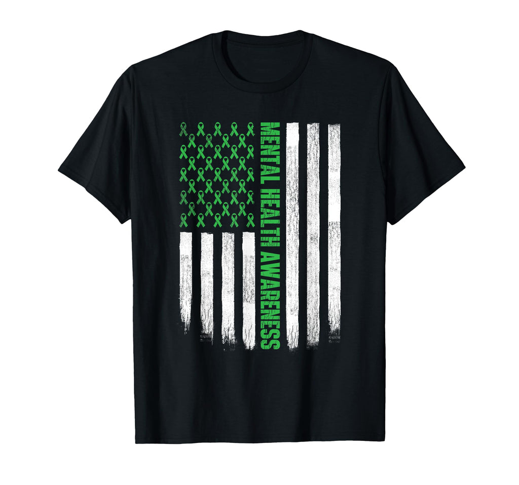 Us Flag Green Ribbon Mental Health T-Shirt - Minimalist Print Unisex - T-Shirt, Sweatshirt, Hoodie
