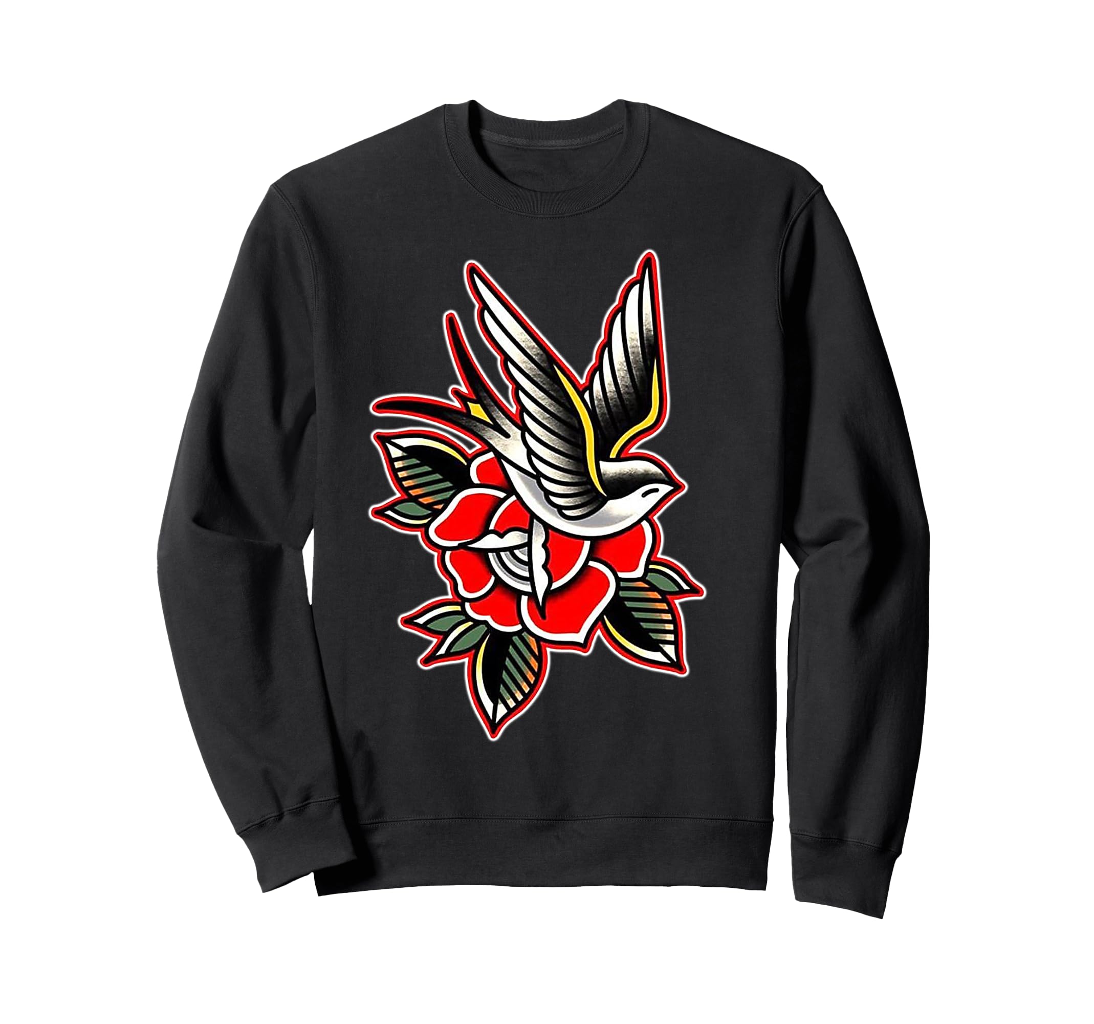 Sparrow X Rose Traditional Tattoo Sweatshirt - Trendy Graphic for Adults - T-Shirt, Sweatshirt, Hoodie