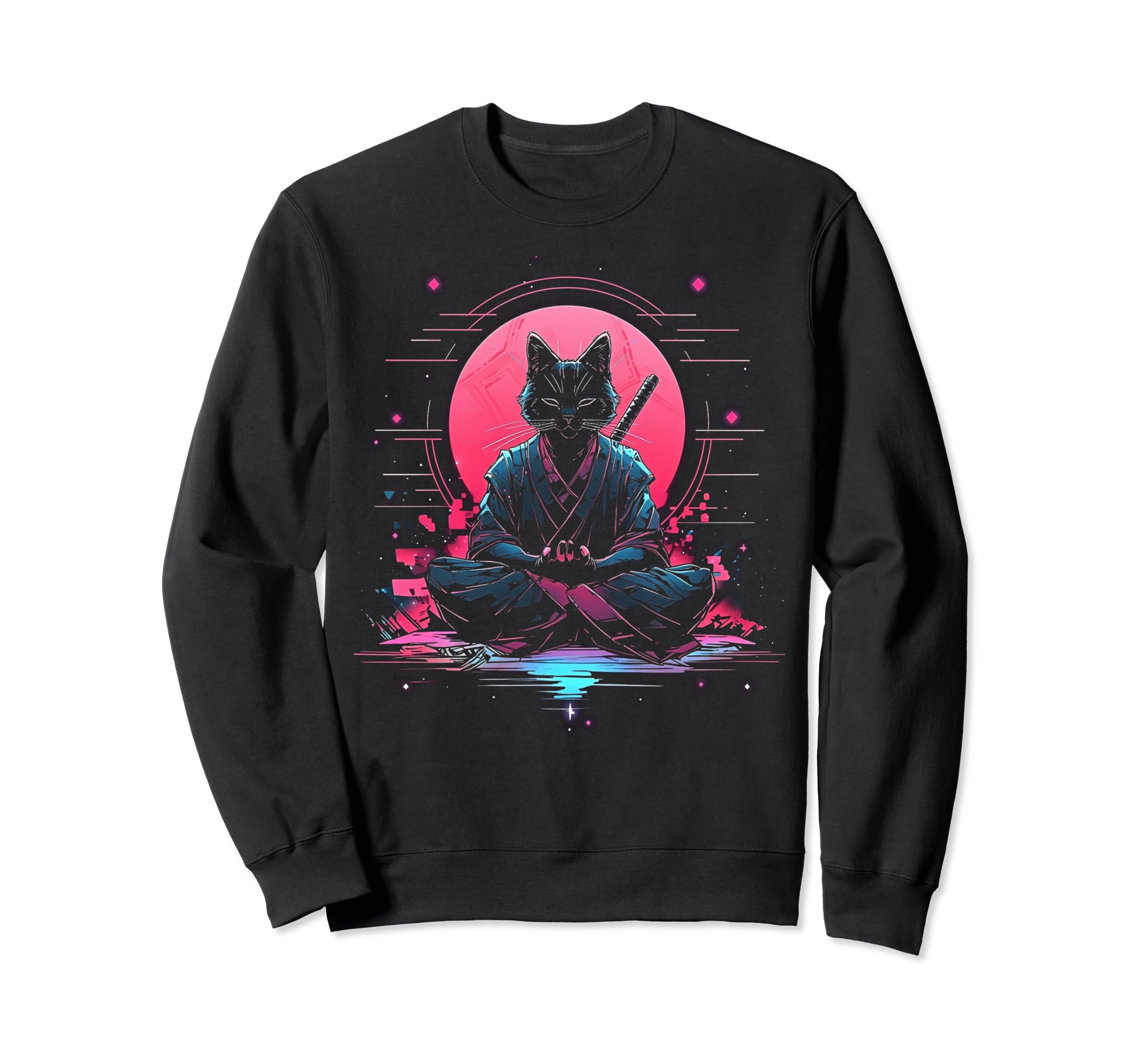 Synthwave Cat Samurai Mediation Sweatshirt - Trendy Graphic Unisex - T-Shirt, Sweatshirt, Hoodie