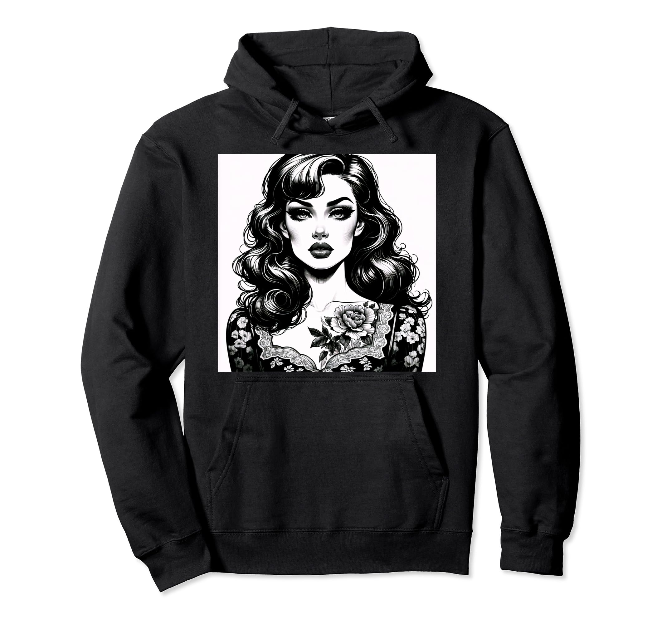 Glamour Black White Illustration Hoodie - Minimalist Print for Adults - T-Shirt, Sweatshirt, Hoodie