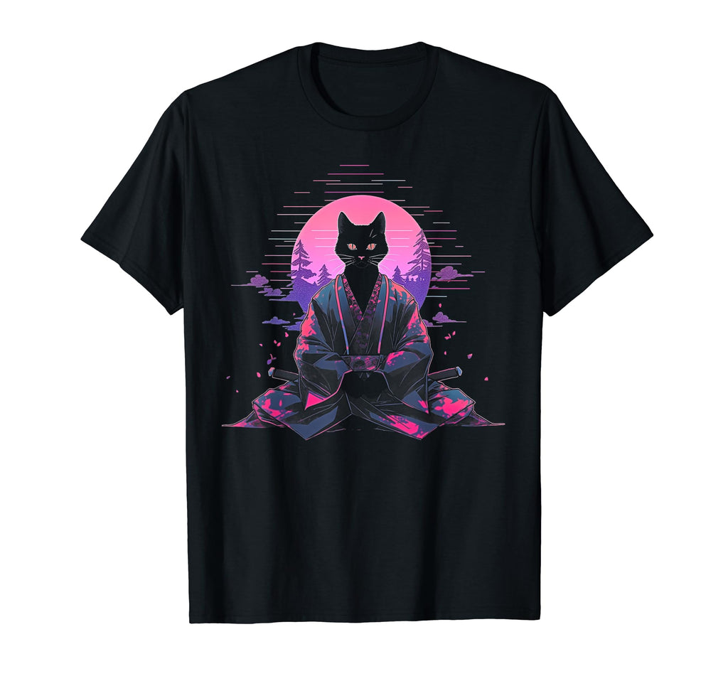 Synthwave Cat Samurai Mediation T-Shirt - Casual Everyday Wear Unisex - T-Shirt, Sweatshirt, Hoodie