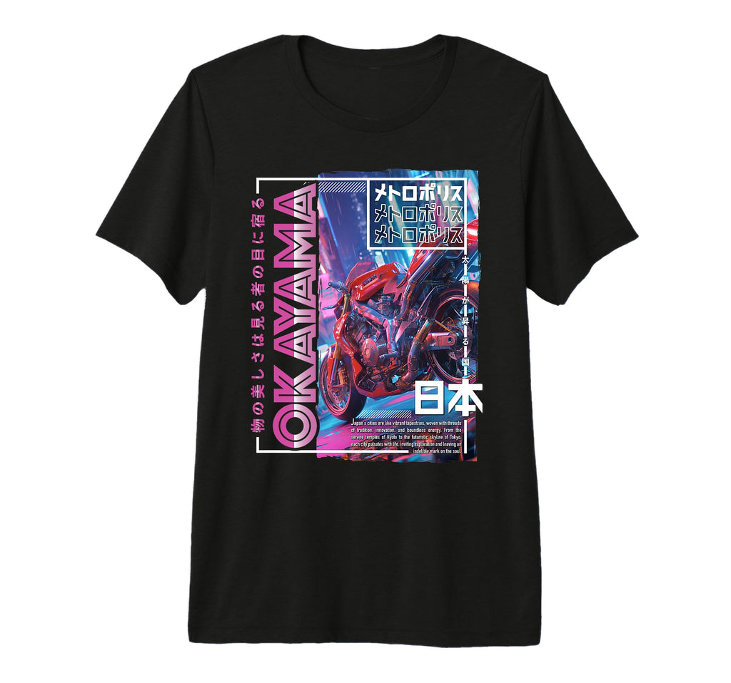 Okayama City 80S Synthwave Motorcycle Japan T-Shirt - Graphic Print Unisex - T-Shirt, Sweatshirt, Hoodie
