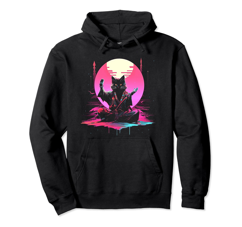 Synthwave Cat Samurai Mediation Vaporwave Hoodie - Graphic Print Unisex - T-Shirt, Sweatshirt, Hoodie
