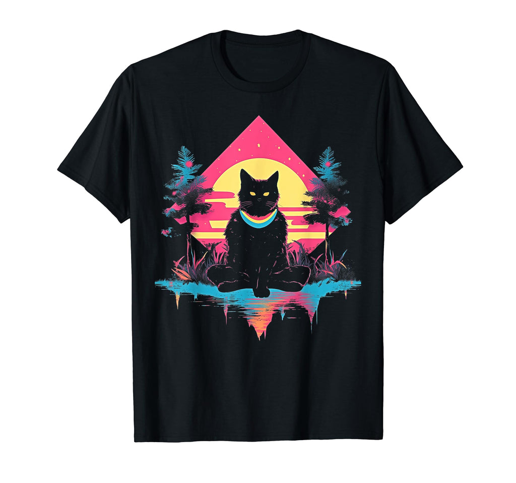 Synthwave Cat Samurai Mediation T-Shirt - Graphic Print Men Women - T-Shirt, Sweatshirt, Hoodie