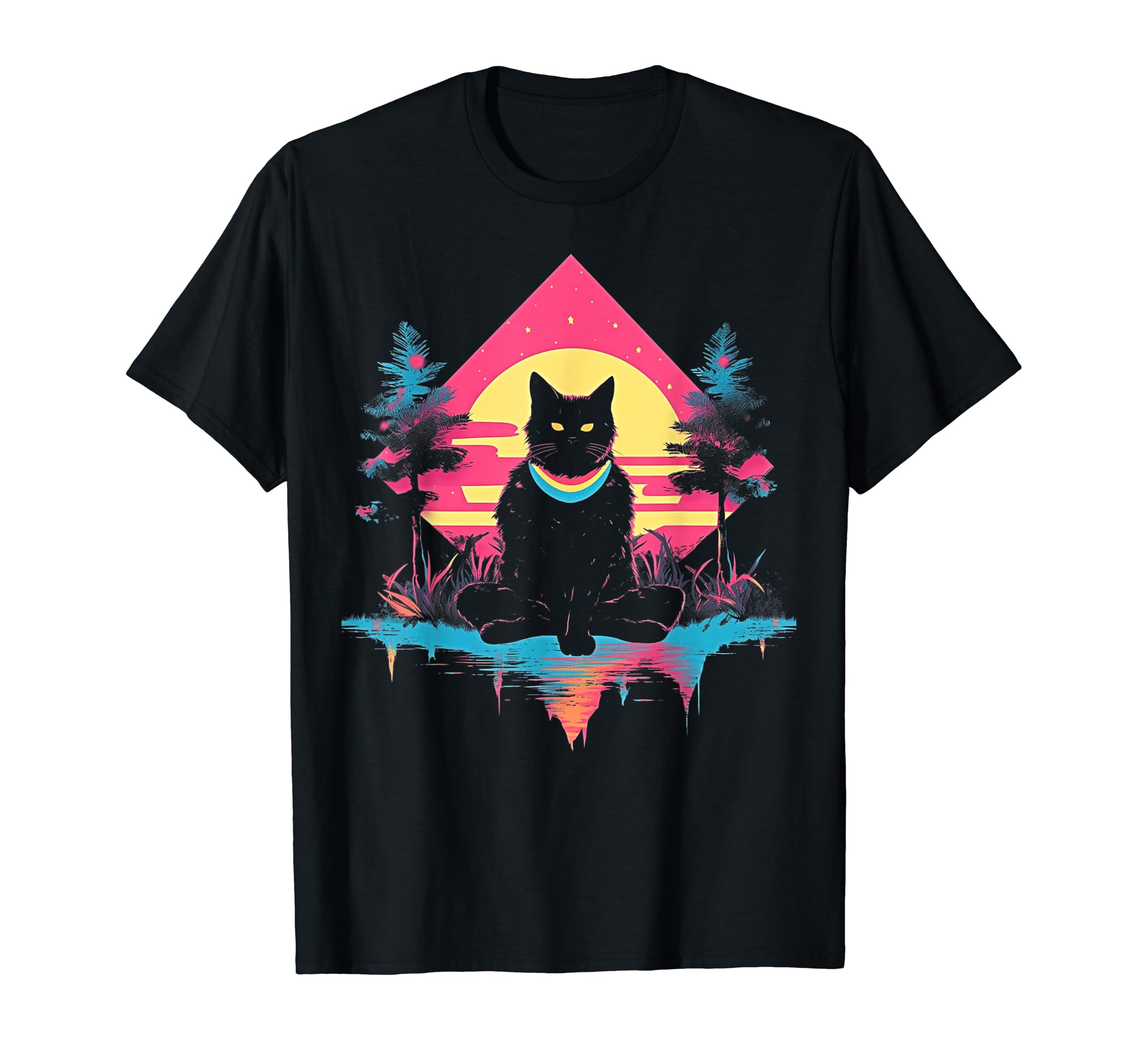 Synthwave Cat Samurai Mediation T-Shirt - Graphic Print Men Women - T-Shirt, Sweatshirt, Hoodie