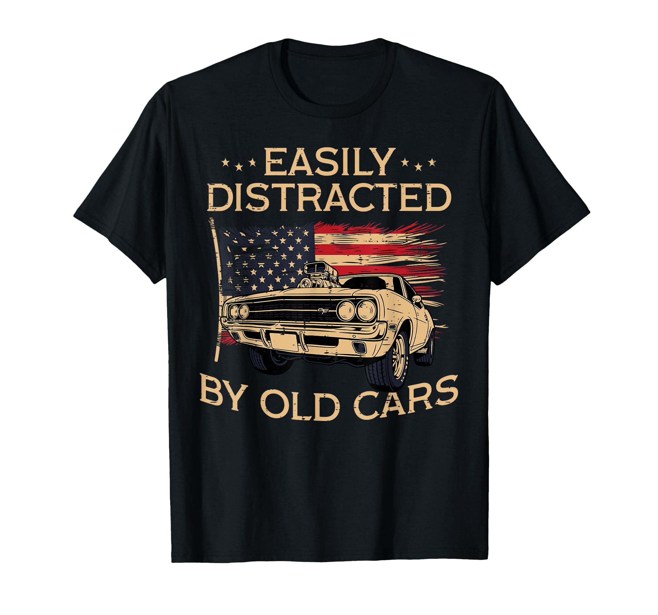 Easily Distracted Old Cars Us Flag T-Shirt - Unique Graphic Unisex - T-Shirt, Sweatshirt, Hoodie