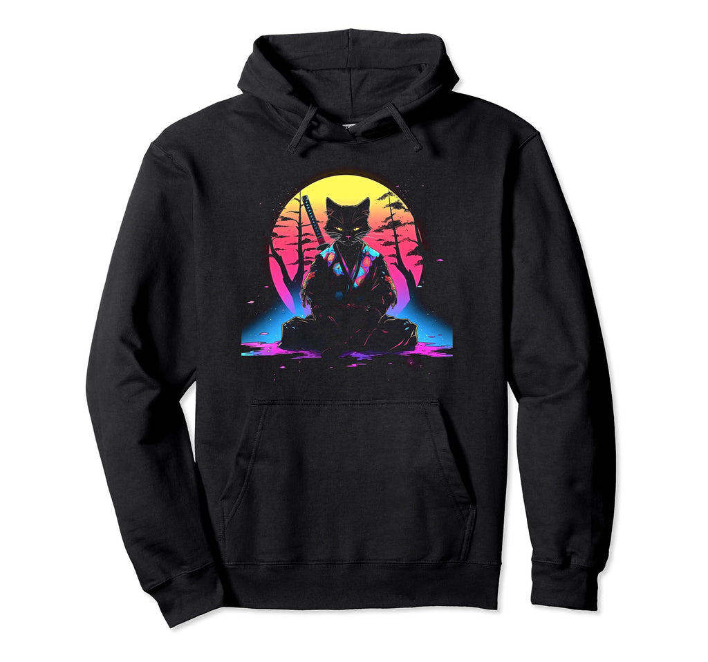 Synthwave Cat Samurai Mediation Hoodie - Streetwear Style for Adults - T-Shirt, Sweatshirt, Hoodie