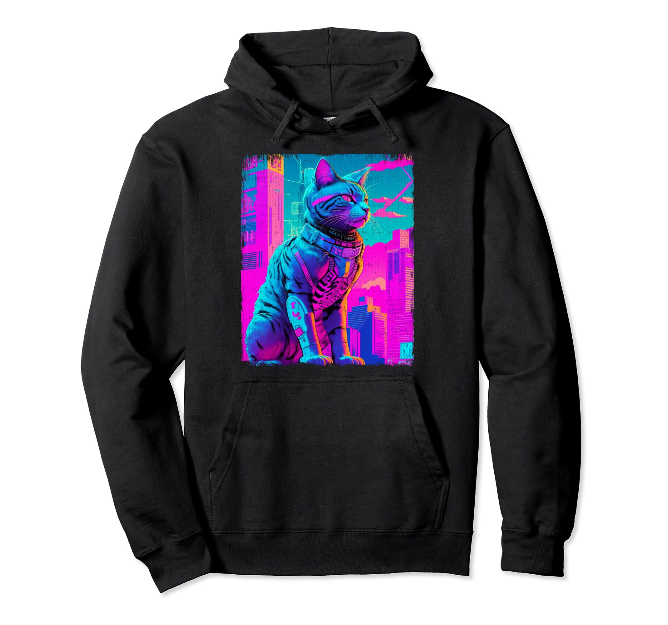 Giant Cat City Sunset Vaporwave Hoodie - Casual Everyday Wear Men Women - T-Shirt, Sweatshirt, Hoodie