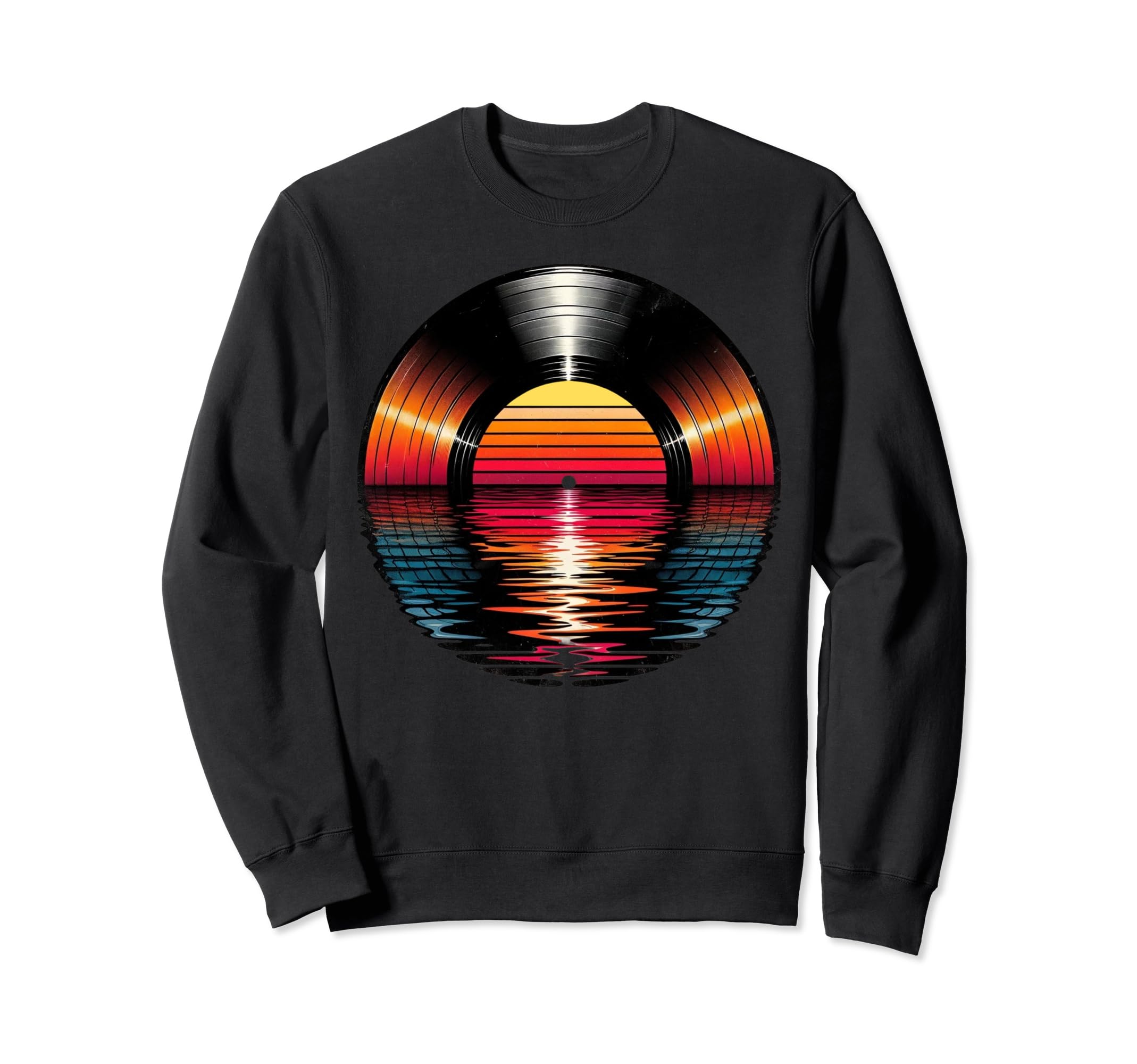 80S Vinyl Sunset Synthwave Sweatshirt - Fun Novelty Design for Adults - T-Shirt, Sweatshirt, Hoodie