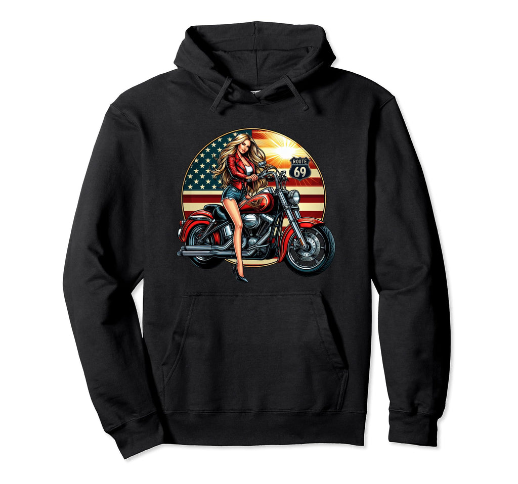 Motorcycle Blonde Biker Route 69 Hoodie - Custom Art Print Unisex - T-Shirt, Sweatshirt, Hoodie