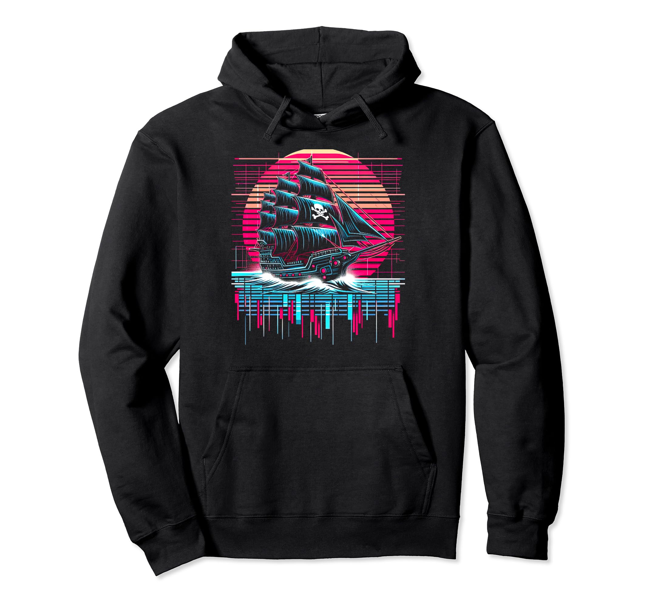 Synthwave Pirate Ship Retrowave Sunset Hoodie - Novelty Apparel Unisex - T-Shirt, Sweatshirt, Hoodie