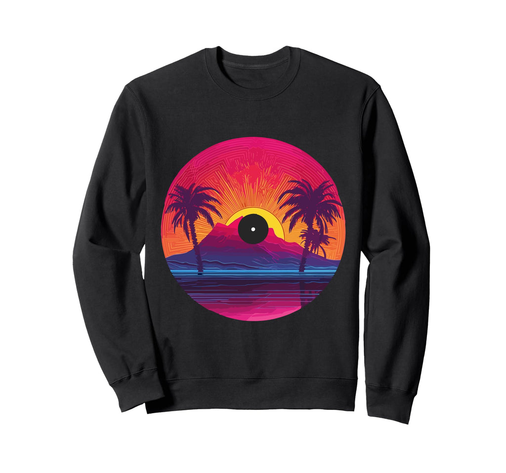 Palm Tree Vinyl Record Vaporwave Sweatshirt - Casual Everyday Wear Unisex - T-Shirt, Sweatshirt, Hoodie