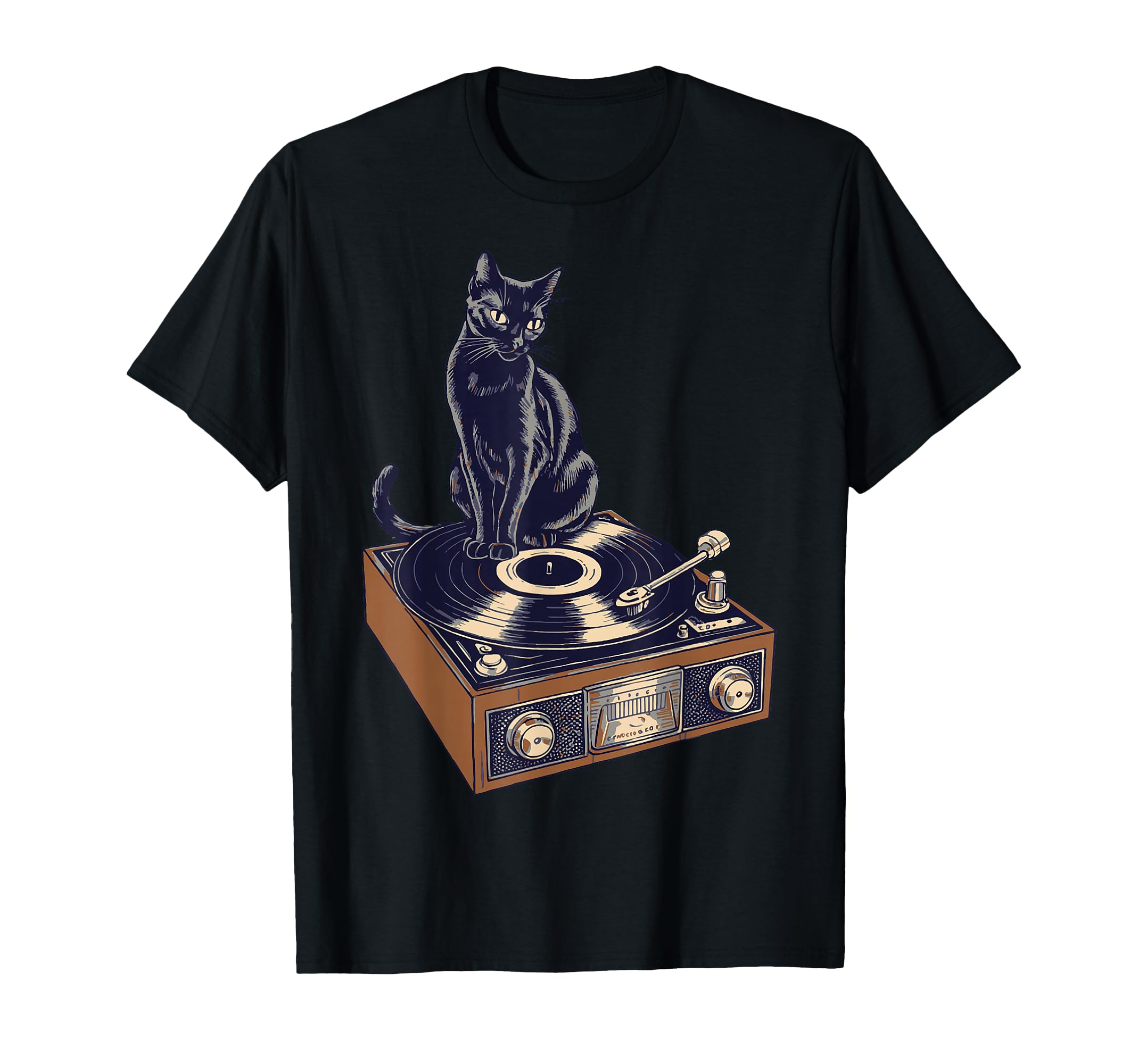 Black Cat Sitting Vinyl Record Player T-Shirt - Trendy Graphic for Adults - T-Shirt, Sweatshirt, Hoodie
