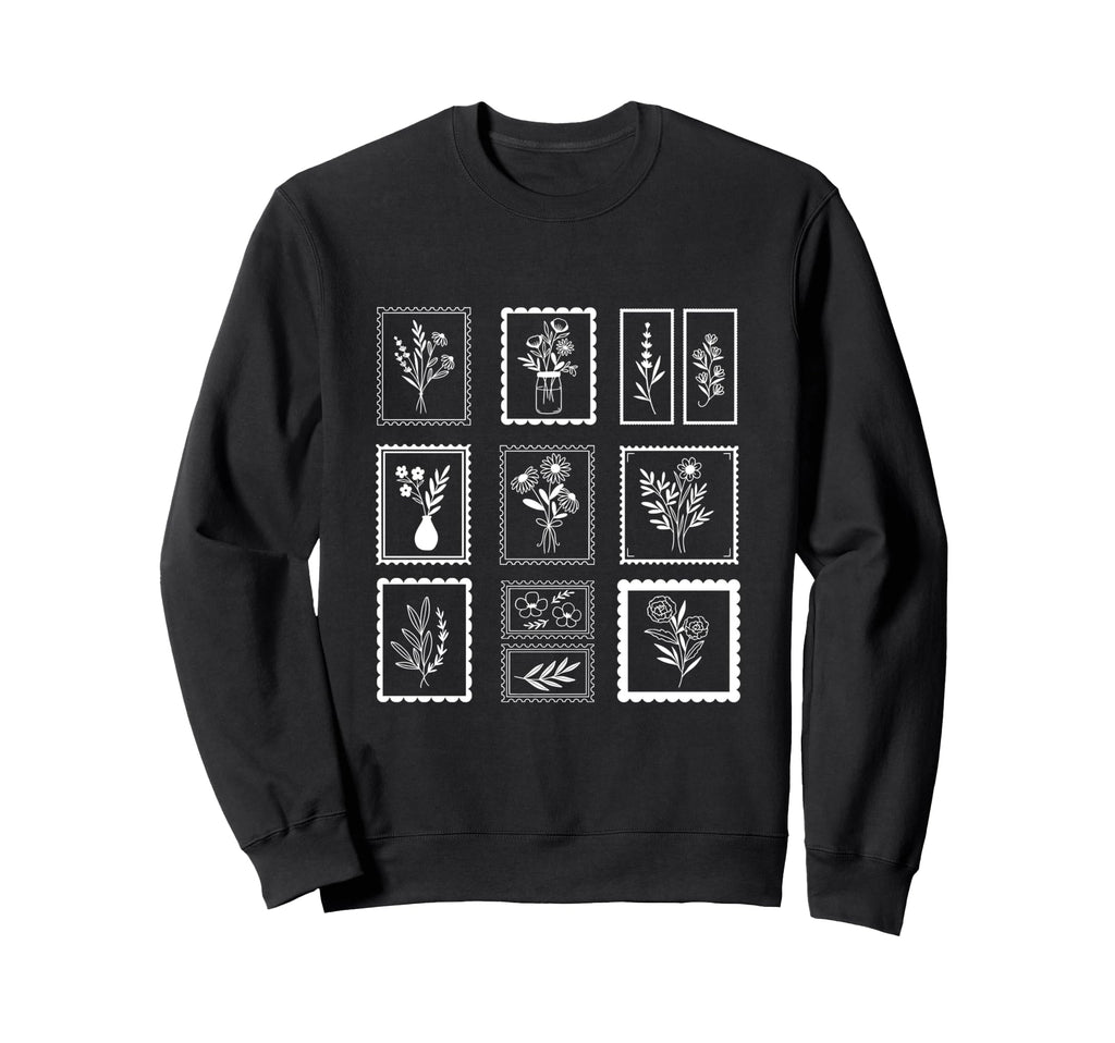 Whimsical Flower Postage Stamps Sweatshirt - Custom Art Print for Adults - T-Shirt, Sweatshirt, Hoodie