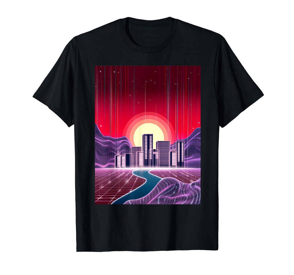 Outrun Digital Landscape Buildings Sunset T-Shirt - Novelty Apparel Unisex - T-Shirt, Sweatshirt, Hoodie
