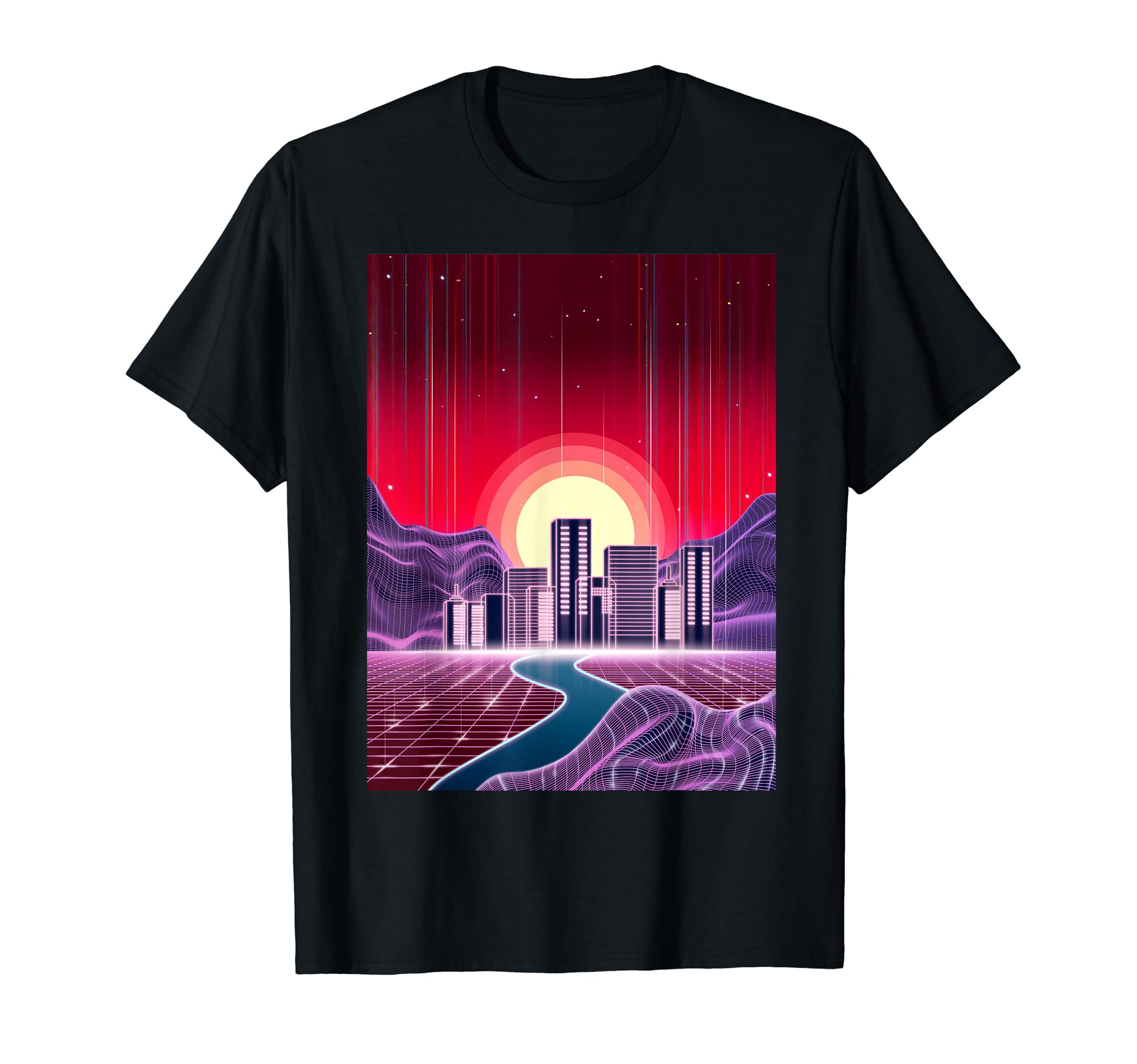 Outrun Digital Landscape Buildings Sunset T-Shirt - Novelty Apparel Unisex - T-Shirt, Sweatshirt, Hoodie