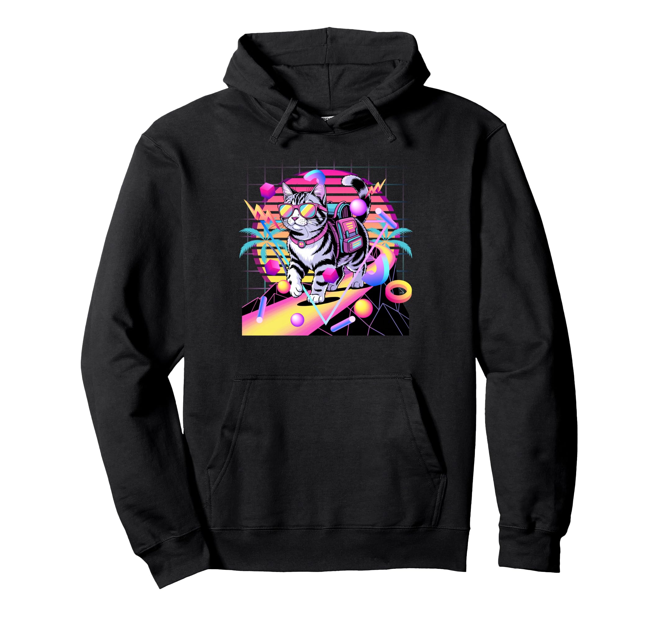 Cat Synthwave 80S Aesthetic Hoodie - Casual Everyday Wear for Adults - T-Shirt, Sweatshirt, Hoodie