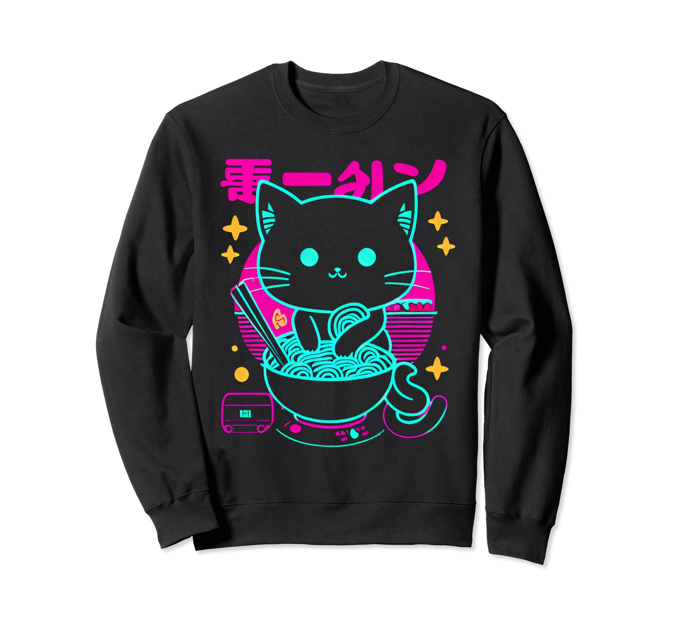 Kawaii Anime Cat Eating Ramen Sweatshirt - Aesthetic Graphic for Adults - T-Shirt, Sweatshirt, Hoodie