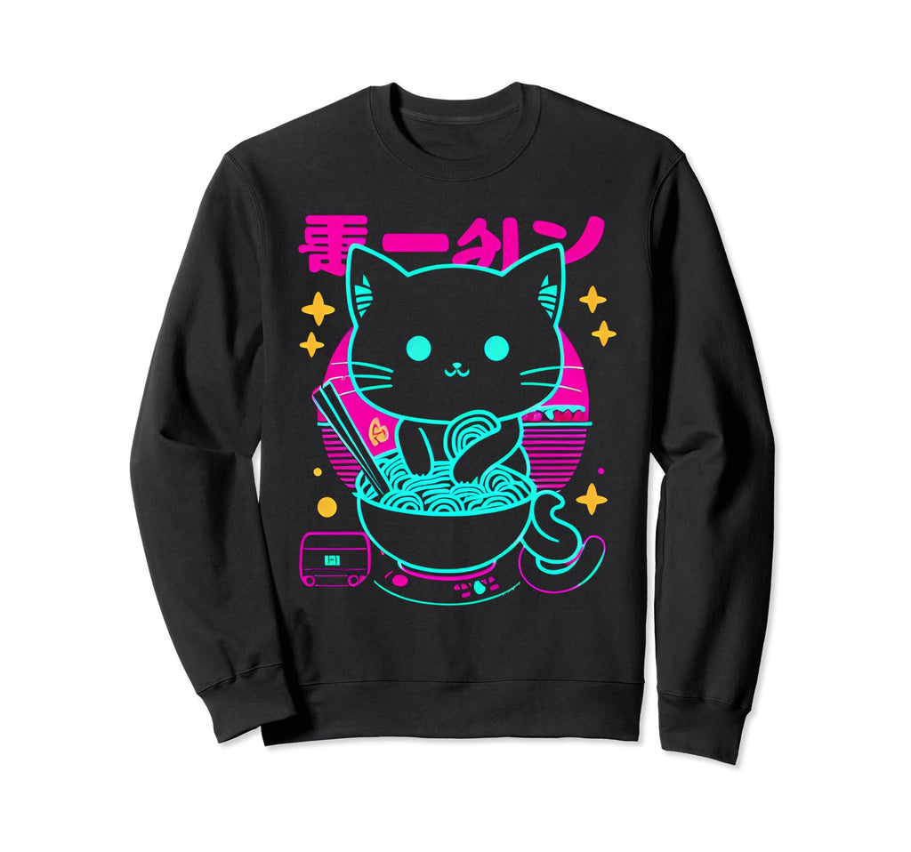 Kawaii Anime Cat Eating Ramen 80S Sweatshirt - Trendy Graphic for Adults - T-Shirt, Sweatshirt, Hoodie