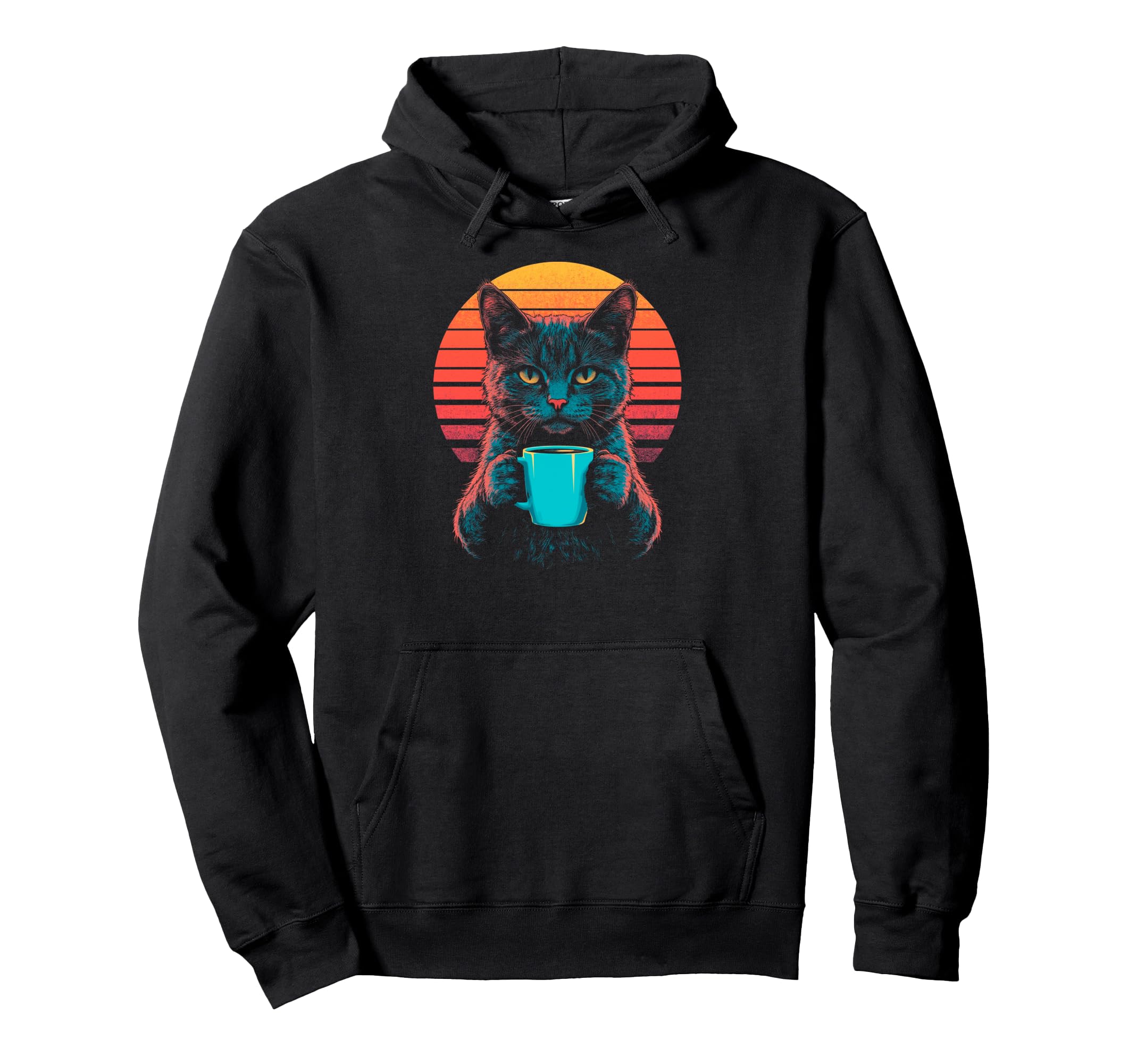 Cat Drinking Coffee Synthwave Hoodie - Fun Novelty Design Men Women - T-Shirt, Sweatshirt, Hoodie
