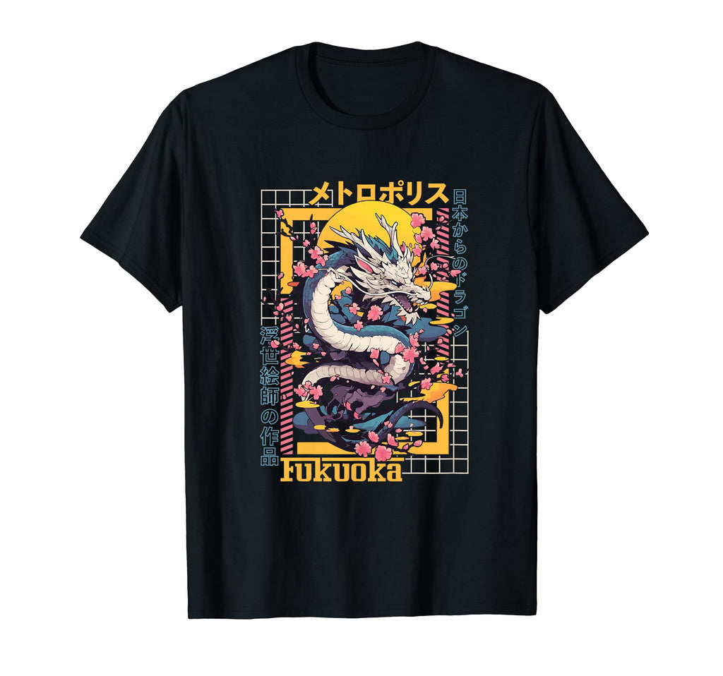 Fukuoka City Synthwave 80S Dragon Asian T-Shirt - Trendy Graphic Men Women - T-Shirt, Sweatshirt, Hoodie