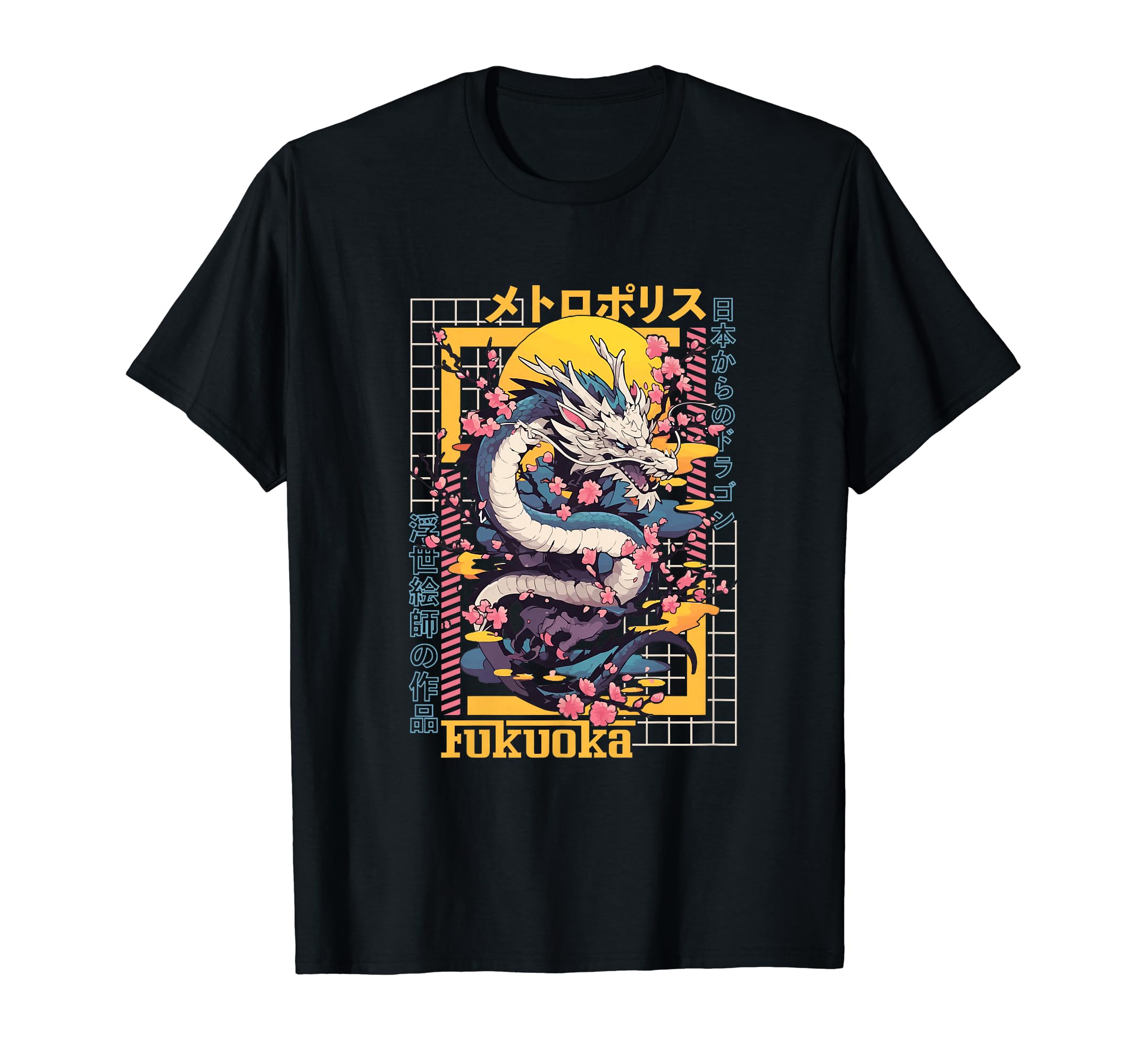 Fukuoka City Synthwave 80S Dragon Asian T-Shirt - Trendy Graphic Men Women - T-Shirt, Sweatshirt, Hoodie