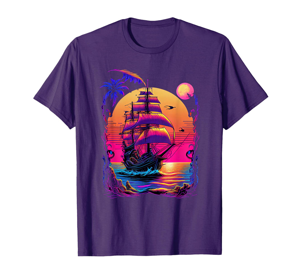 Synthwave Retrowave Pirate Ship T-Shirt - Casual Everyday Wear Men Women - T-Shirt, Sweatshirt, Hoodie