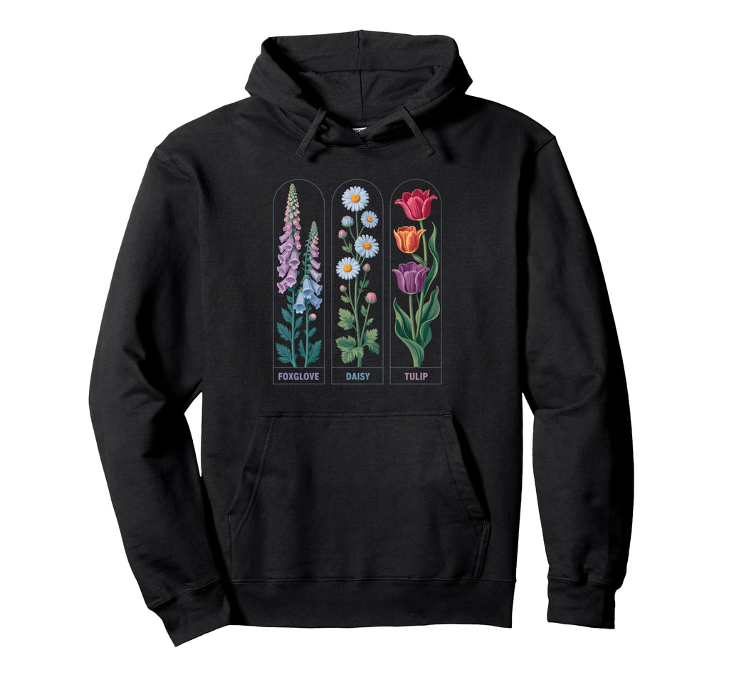 Foxglove Daisy Tulip Floral Drawing Hoodie - Graphic Print for Adults - T-Shirt, Sweatshirt, Hoodie