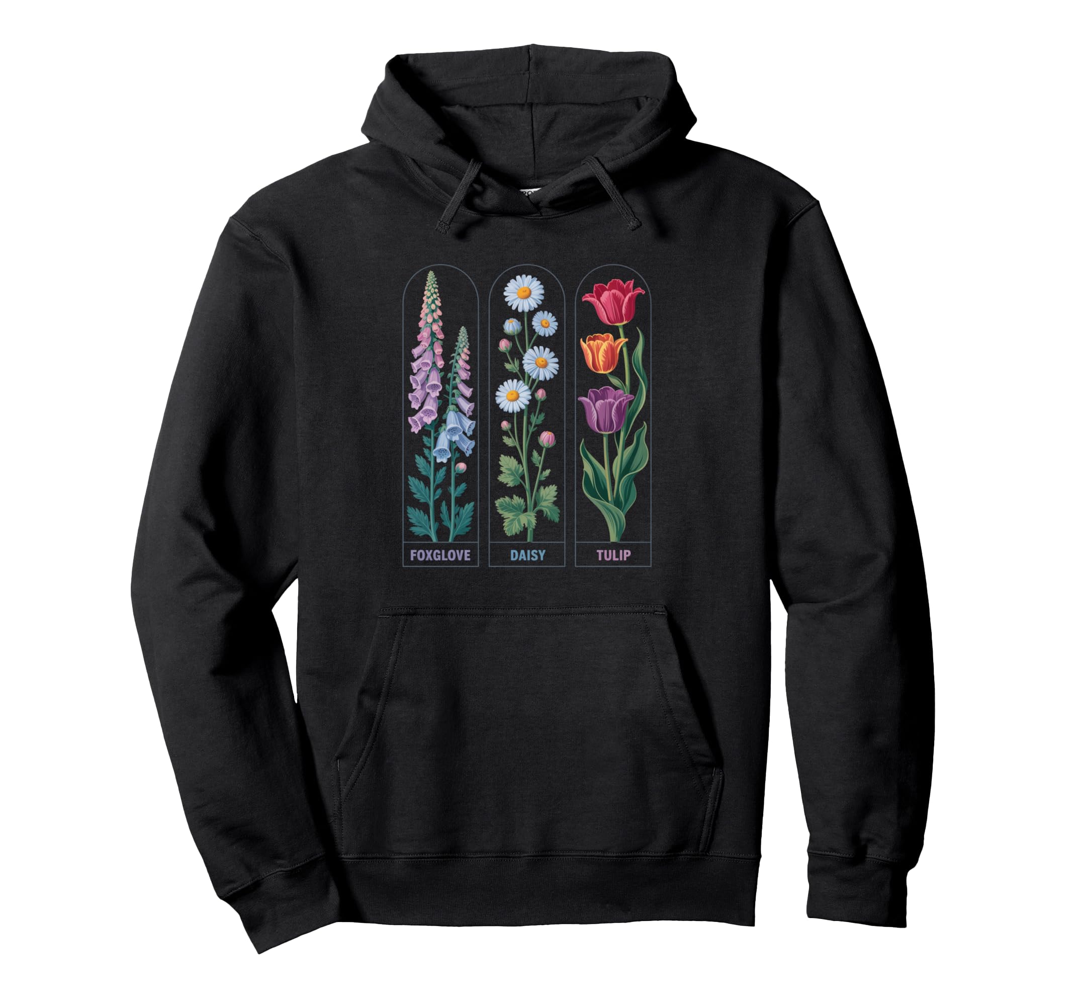 Foxglove Daisy Tulip Floral Drawing Hoodie - Graphic Print for Adults - T-Shirt, Sweatshirt, Hoodie