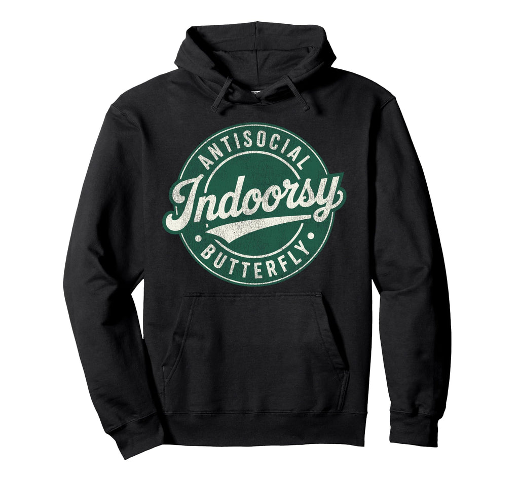 Indoorsy Antisocial Butterfly Badge Hoodie - Novelty Apparel Men Women - T-Shirt, Sweatshirt, Hoodie