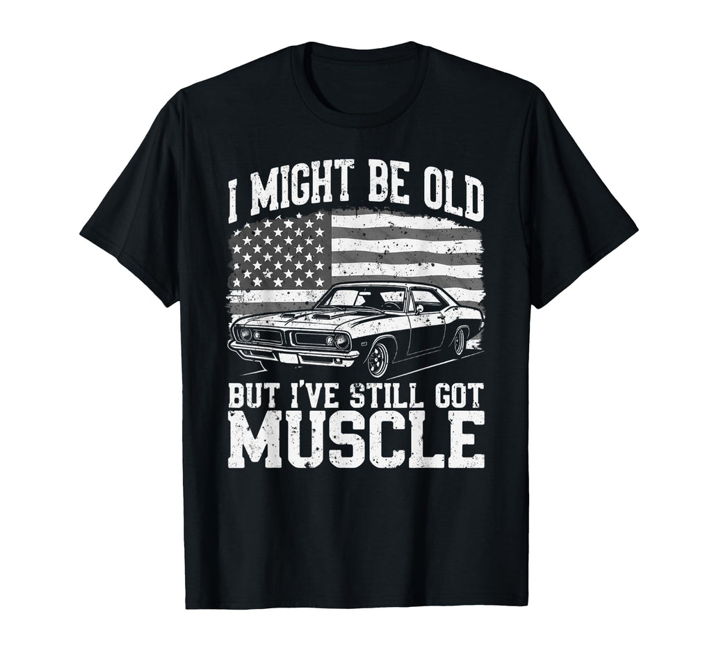 Funny American Flag Muscle Car Old Auto T-Shirt - Trendy Graphic Unisex - T-Shirt, Sweatshirt, Hoodie