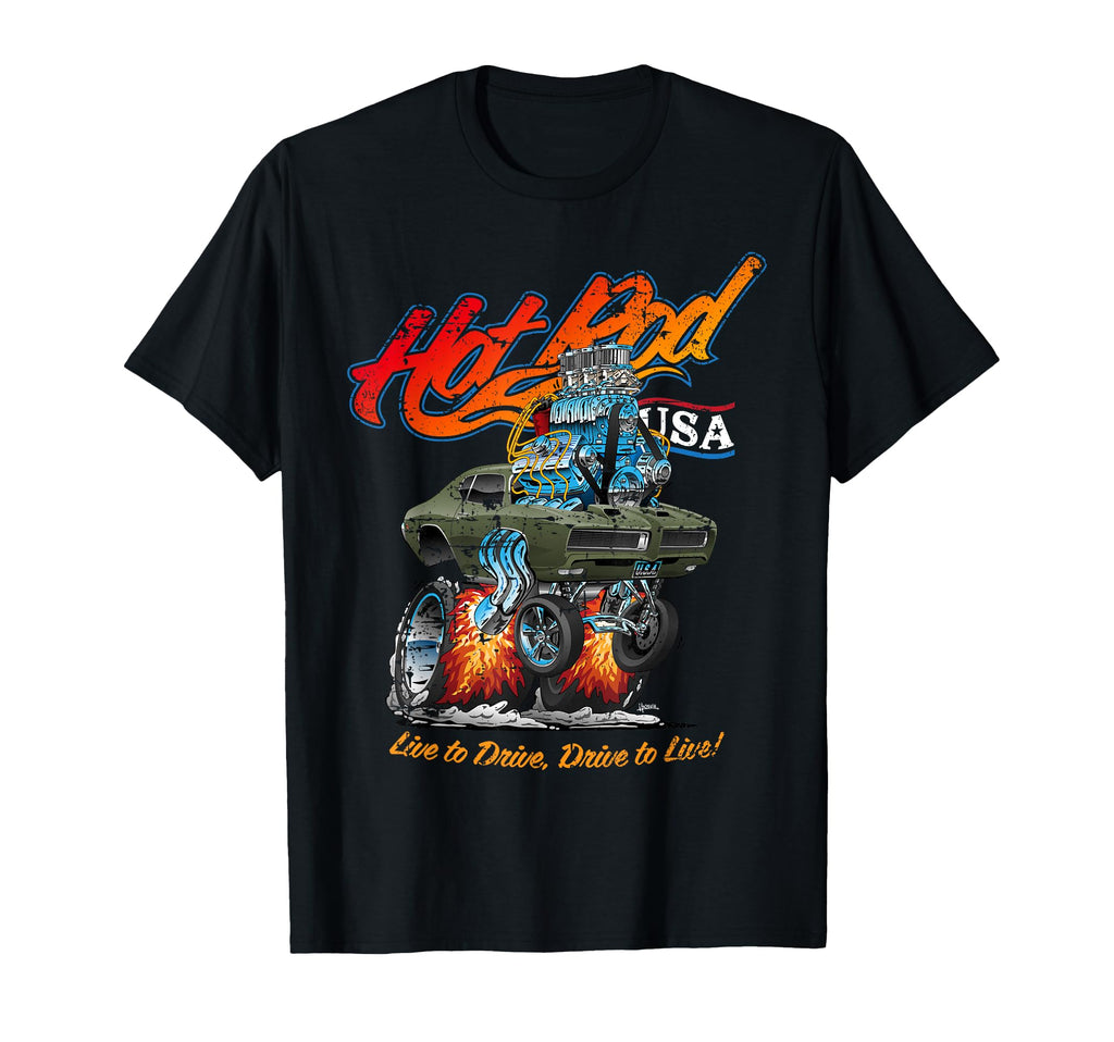 Hotrod Usa Muscle Car Cartoon Distressed T-Shirt - Unique Graphic Unisex - T-Shirt, Sweatshirt, Hoodie