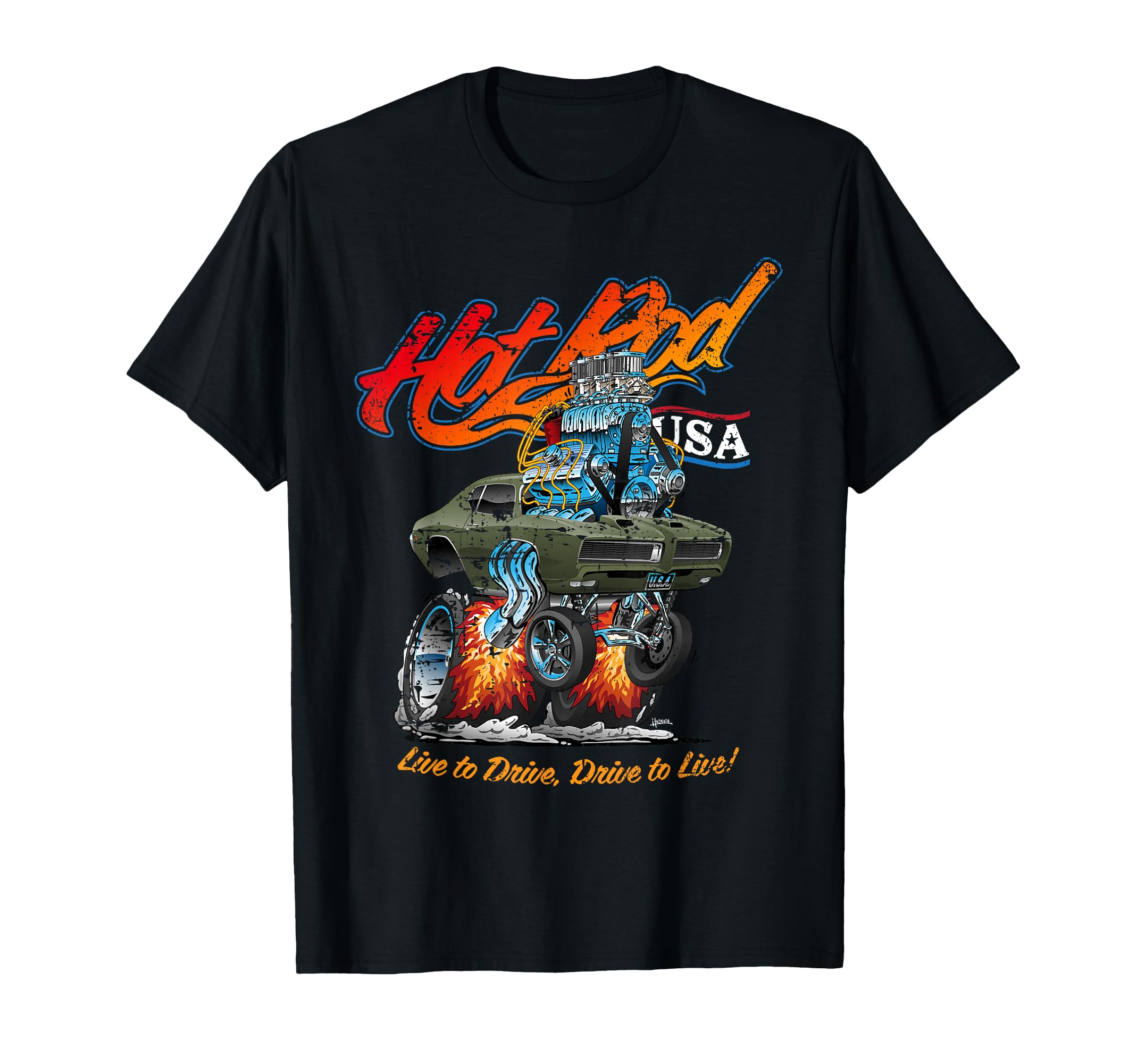 Hotrod Usa Muscle Car Cartoon Distressed T-Shirt - Unique Graphic Unisex - T-Shirt, Sweatshirt, Hoodie