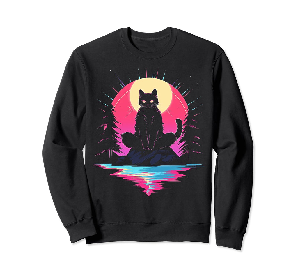 Synthwave Cat Samurai Mediation Sweatshirt - Casual Everyday Wear Unisex - T-Shirt, Sweatshirt, Hoodie