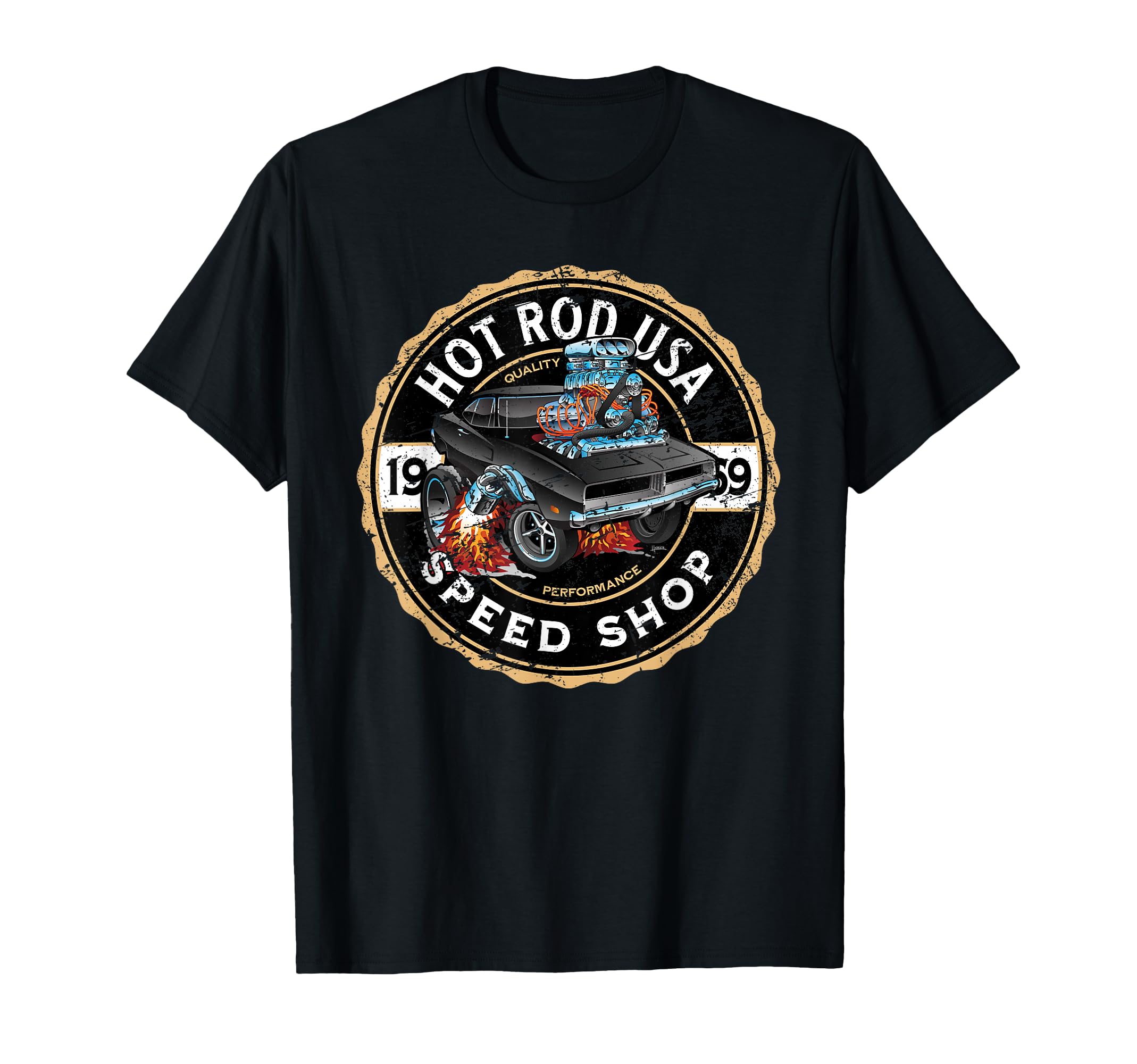 Hotrod Usa Muscle Car Cartoon Distressed T-Shirt - Custom Art Print Unisex - T-Shirt, Sweatshirt, Hoodie