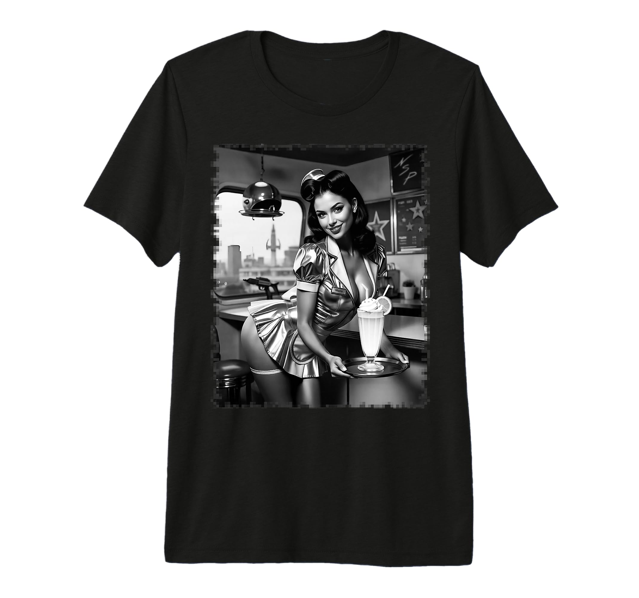 Pinup Sexy Brunette Waitress Pin Up Bw T-Shirt - Novelty Apparel Unisex - T-Shirt, Sweatshirt, Hoodie