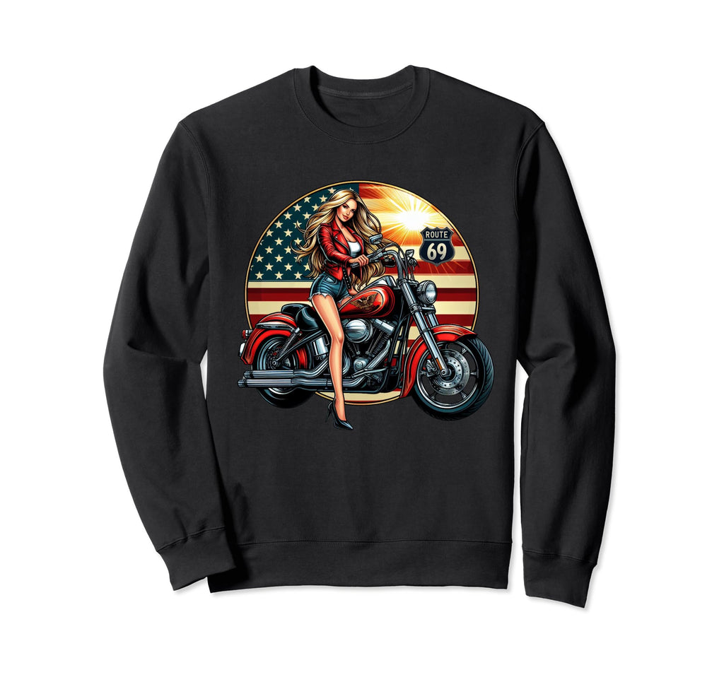 Motorcycle Blonde Biker Route 69 Sweatshirt - Trendy Graphic for Adults - T-Shirt, Sweatshirt, Hoodie